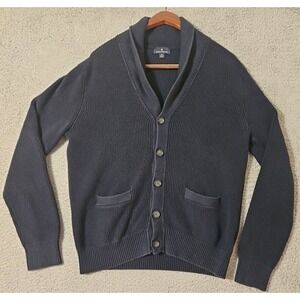 Brooks Brothers Cardigan Men Medium Blue Shawl Collar Sweater Chunky Knit Ribbed